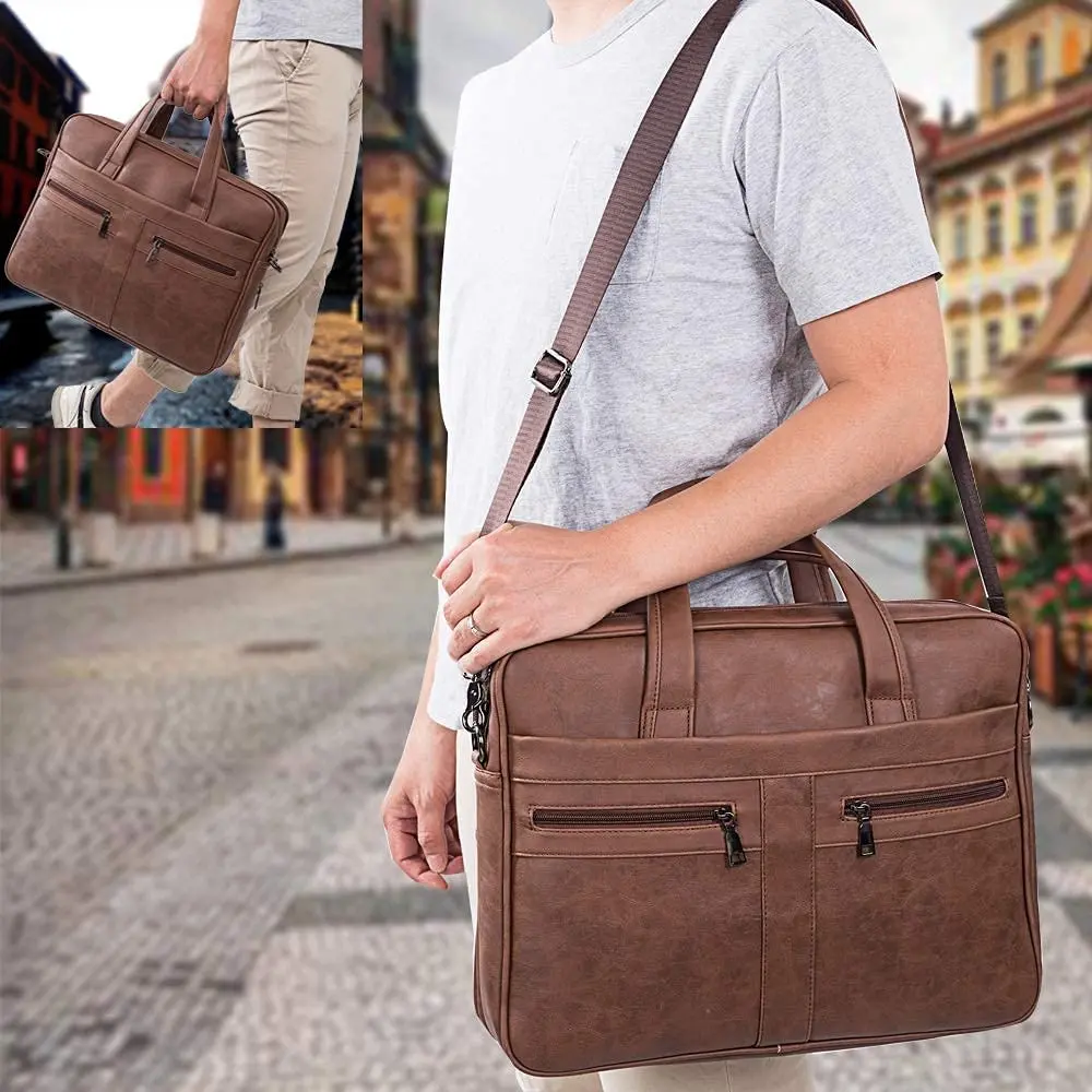 seyfocnia Men's 17.3 Inch Laptop Messenger Bag | Brown PU Leather Business Satchel with 9 Pockets - view 2