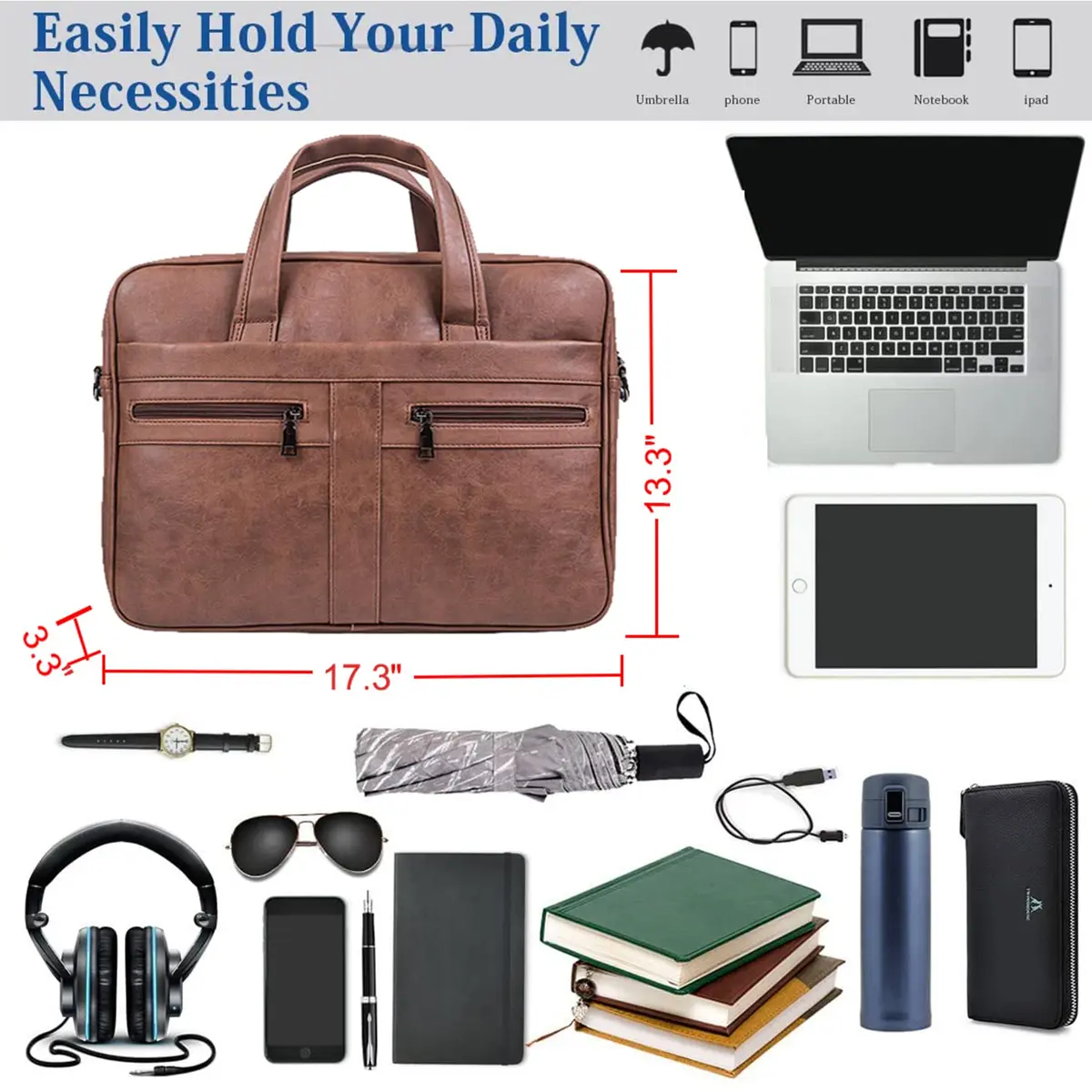 seyfocnia Men's 17.3 Inch Laptop Messenger Bag | Brown PU Leather Business Satchel with 9 Pockets - view 3