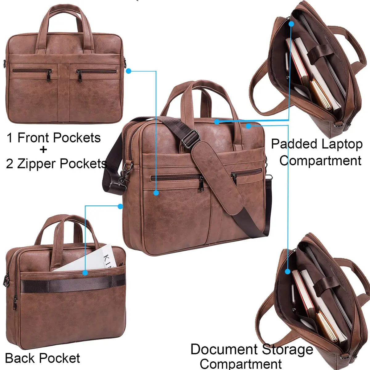 seyfocnia Men's 17.3 Inch Laptop Messenger Bag | Brown PU Leather Business Satchel with 9 Pockets - view 4
