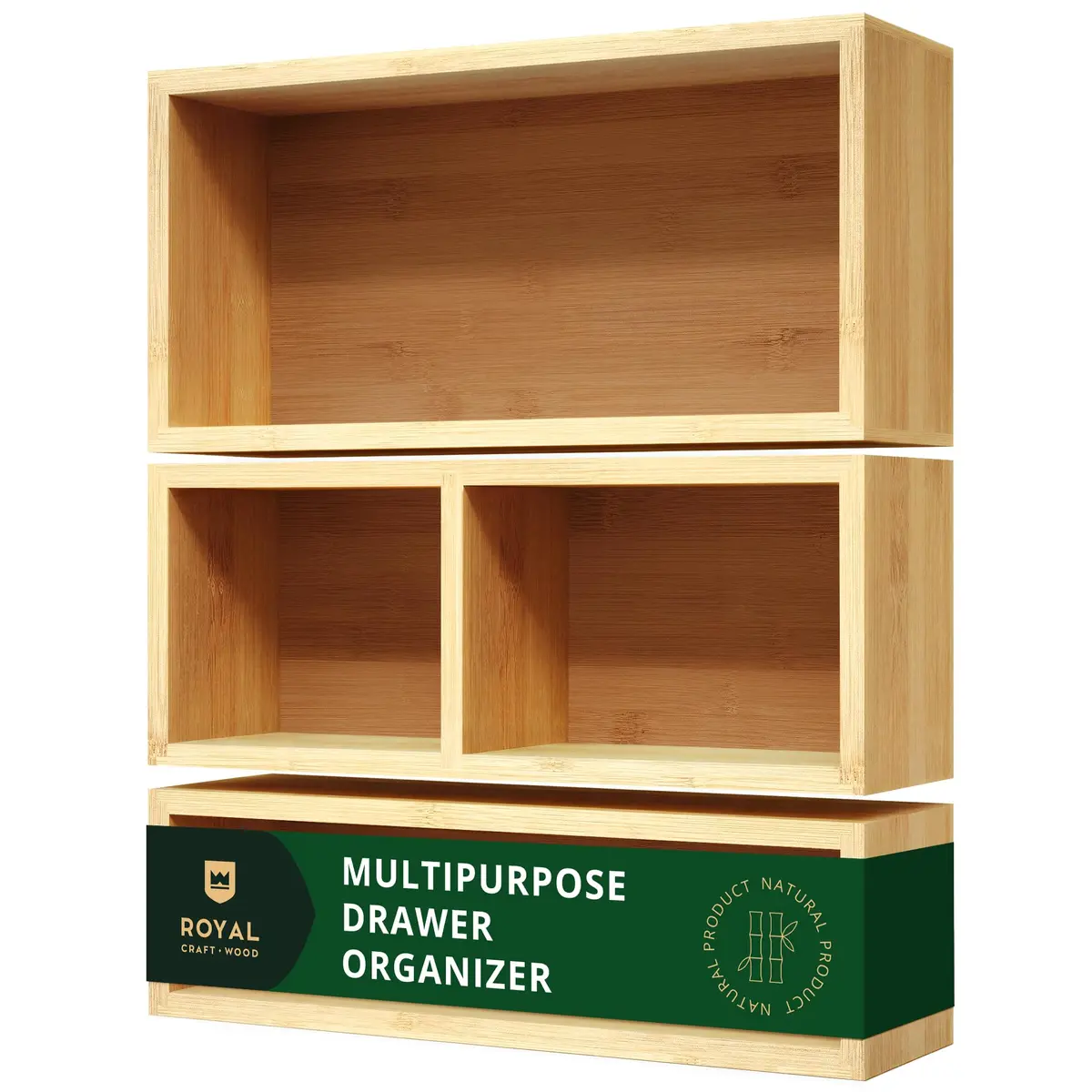 ROYAL CRAFT WOOD Luxury Bamboo Drawer Organizer Storage Box, Bin Set - Multi-Use Drawer Organizer for Kitchen, Bathroom, Office Desk, Makeup, Jewelry (3 Boxes) - main product image