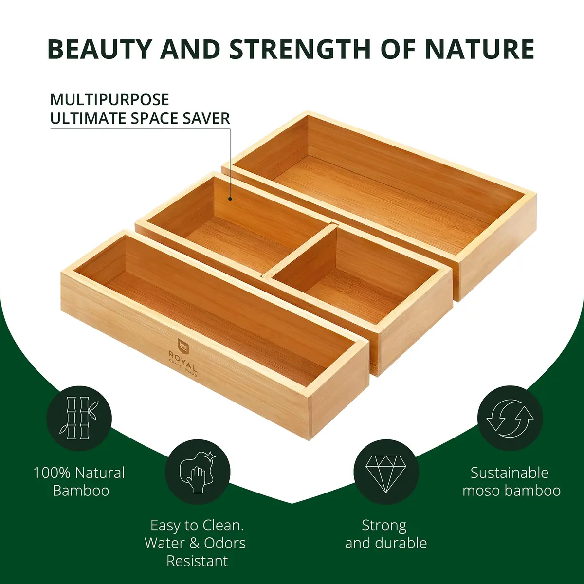 ROYAL CRAFT WOOD Luxury Bamboo Drawer Organizer Storage Box, Bin Set - Multi-Use Drawer Organizer for Kitchen, Bathroom, Office Desk, Makeup, Jewelry (3 Boxes) - view 5