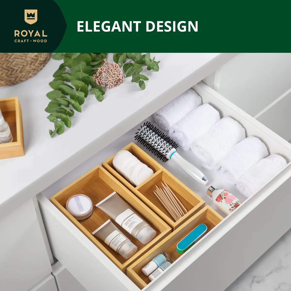 ROYAL CRAFT WOOD Luxury Bamboo Drawer Organizer Storage Box, Bin Set - Multi-Use Drawer Organizer for Kitchen, Bathroom, Office Desk, Makeup, Jewelry (3 Boxes) - view 4