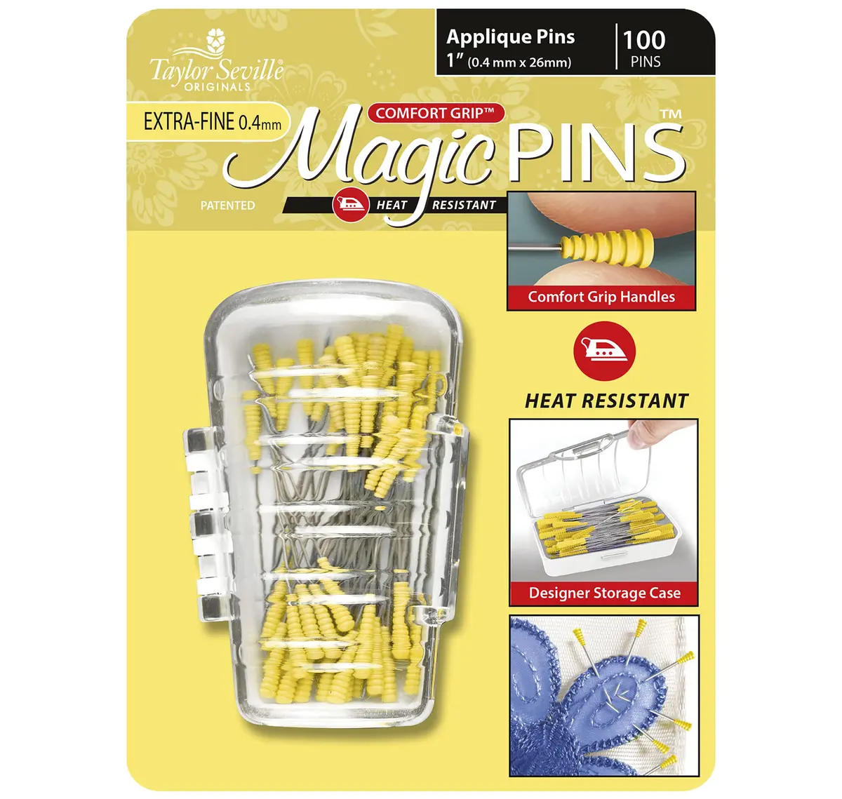 Taylor Seville Magic Pins Applique Extra Fine 100pc | Precision Sewing & Quilting Pins with Comfort Grip - main product image