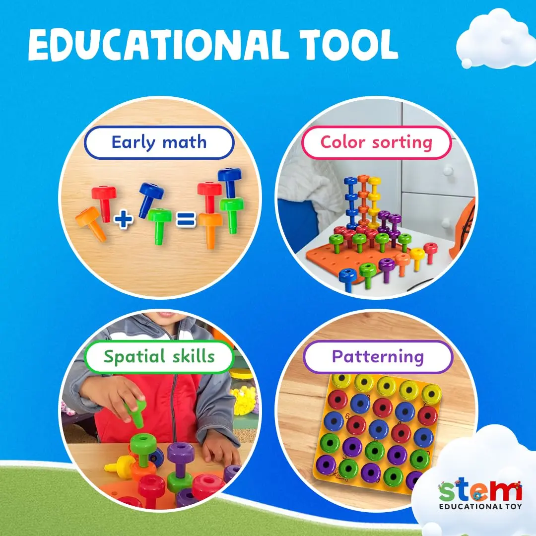 Skoolzy Peg Board Set Montessori 33 Pc Plastic Pegs Dice Lacing | Educational STEM Toy for Kids 2+ Years - view 4