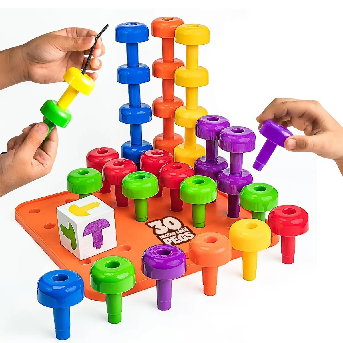 Skoolzy Peg Board Set Montessori 33 Pc Plastic Pegs Dice Lacing | Educational STEM Toy for Kids 2+ Years - main product image