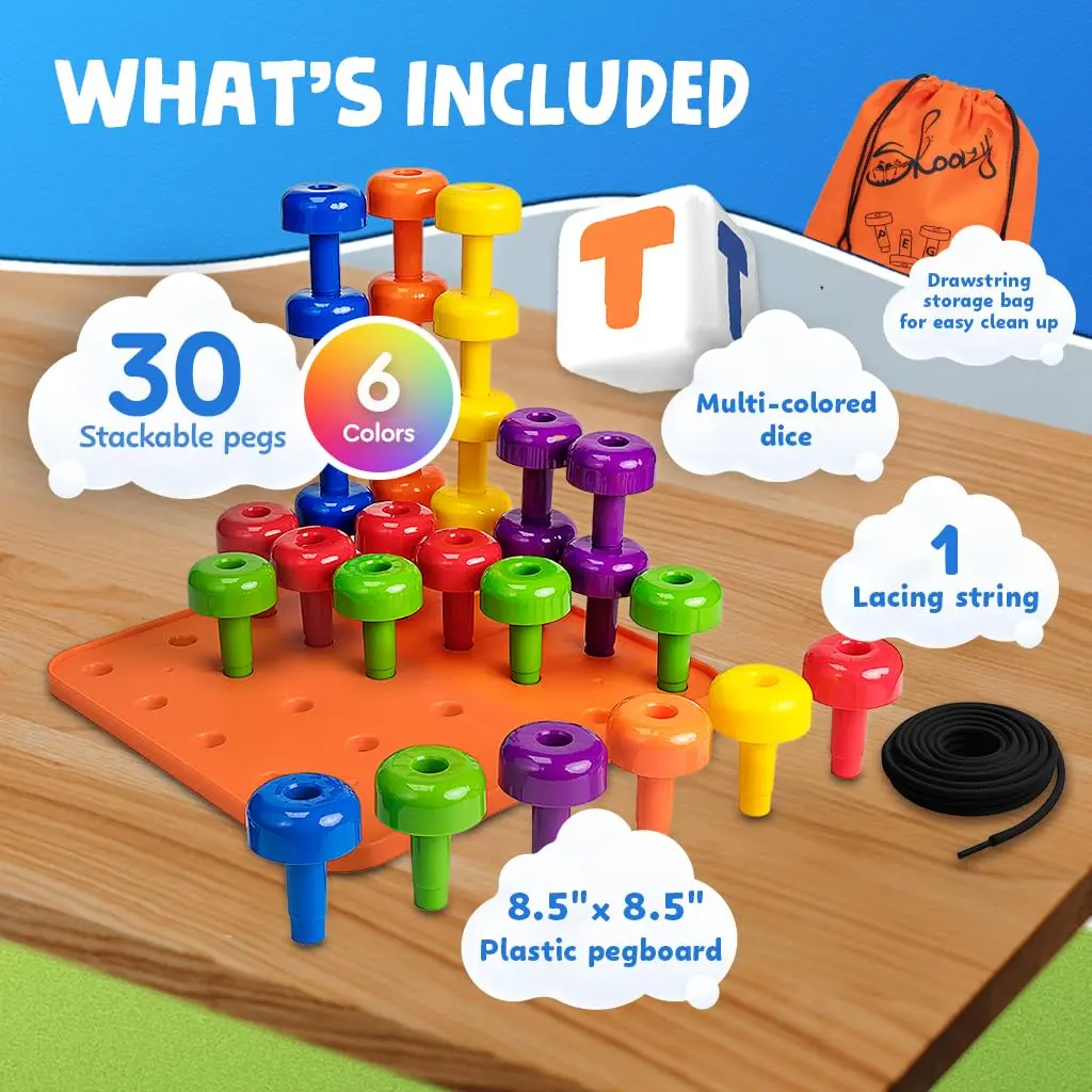 Skoolzy Peg Board Set Montessori 33 Pc Plastic Pegs Dice Lacing | Educational STEM Toy for Kids 2+ Years - view 9
