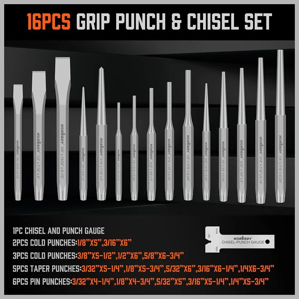 HORUSDY 28-Piece Heavy Duty Punch and Chisel Set | Chrome Vanadium Steel, 28 Tools, Storage Bag - view 4
