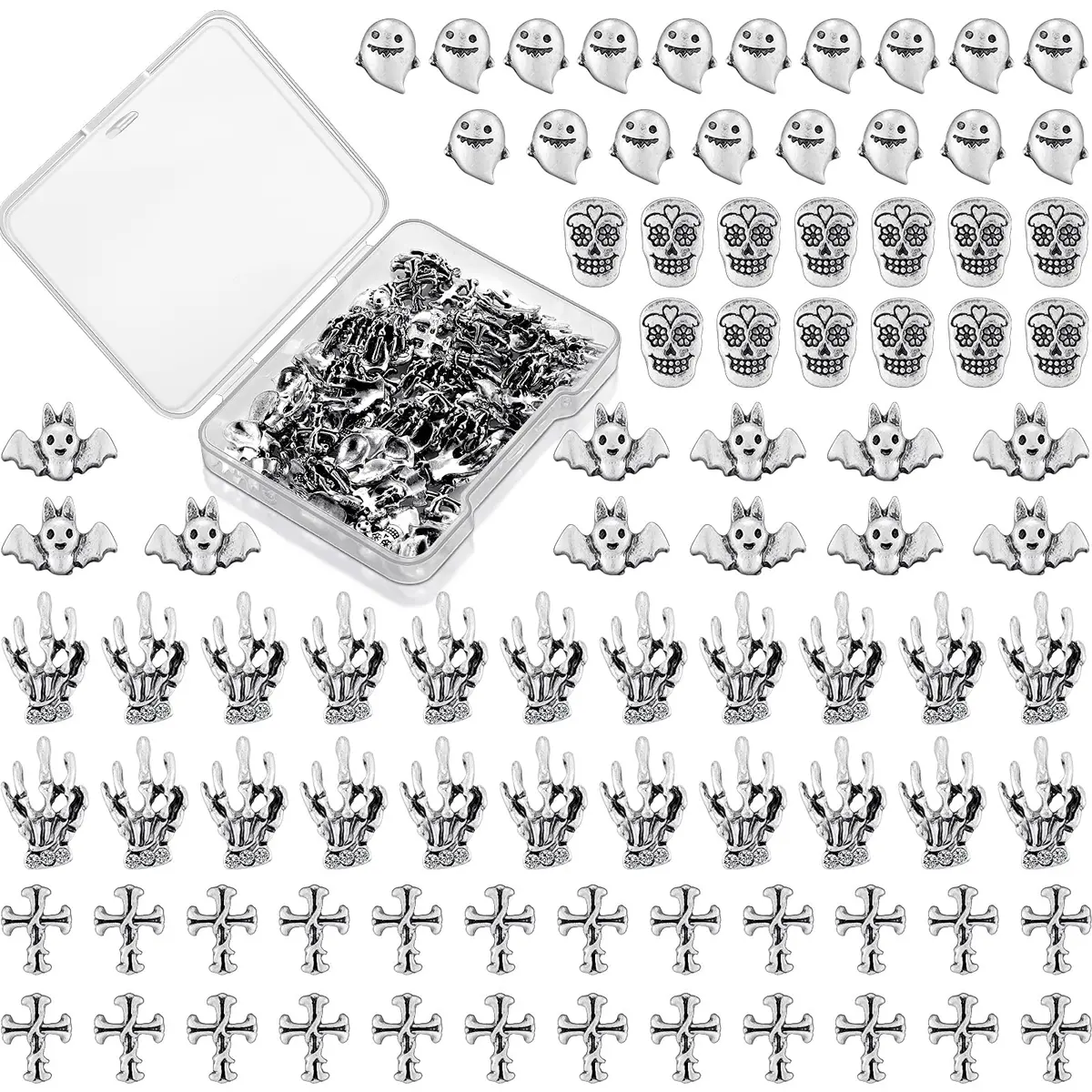 Leelosp 100 Pcs Halloween 3D Nail Charm, Retro Silver | Skull, Ghost, Bat, Skeleton Hands - main product image