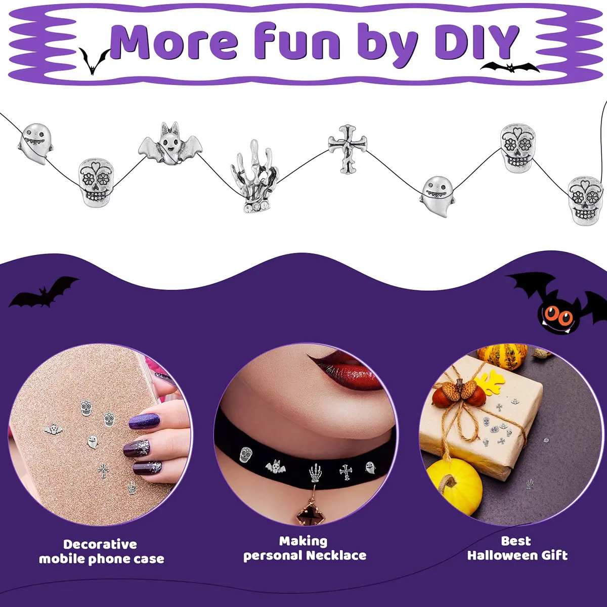 Leelosp 100 Pcs Halloween 3D Nail Charm, Retro Silver | Skull, Ghost, Bat, Skeleton Hands - view 5