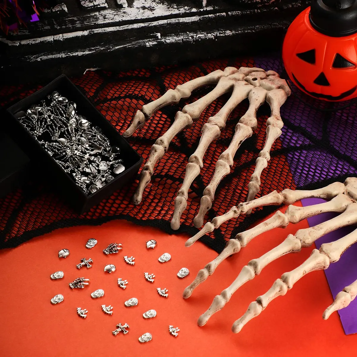 Leelosp 100 Pcs Halloween 3D Nail Charm, Retro Silver | Skull, Ghost, Bat, Skeleton Hands - view 6