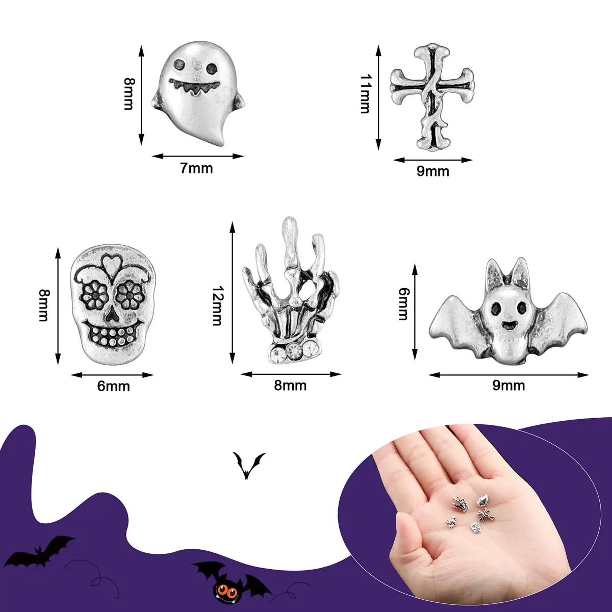 Leelosp 100 Pcs Halloween 3D Nail Charm, Retro Silver | Skull, Ghost, Bat, Skeleton Hands - view 7