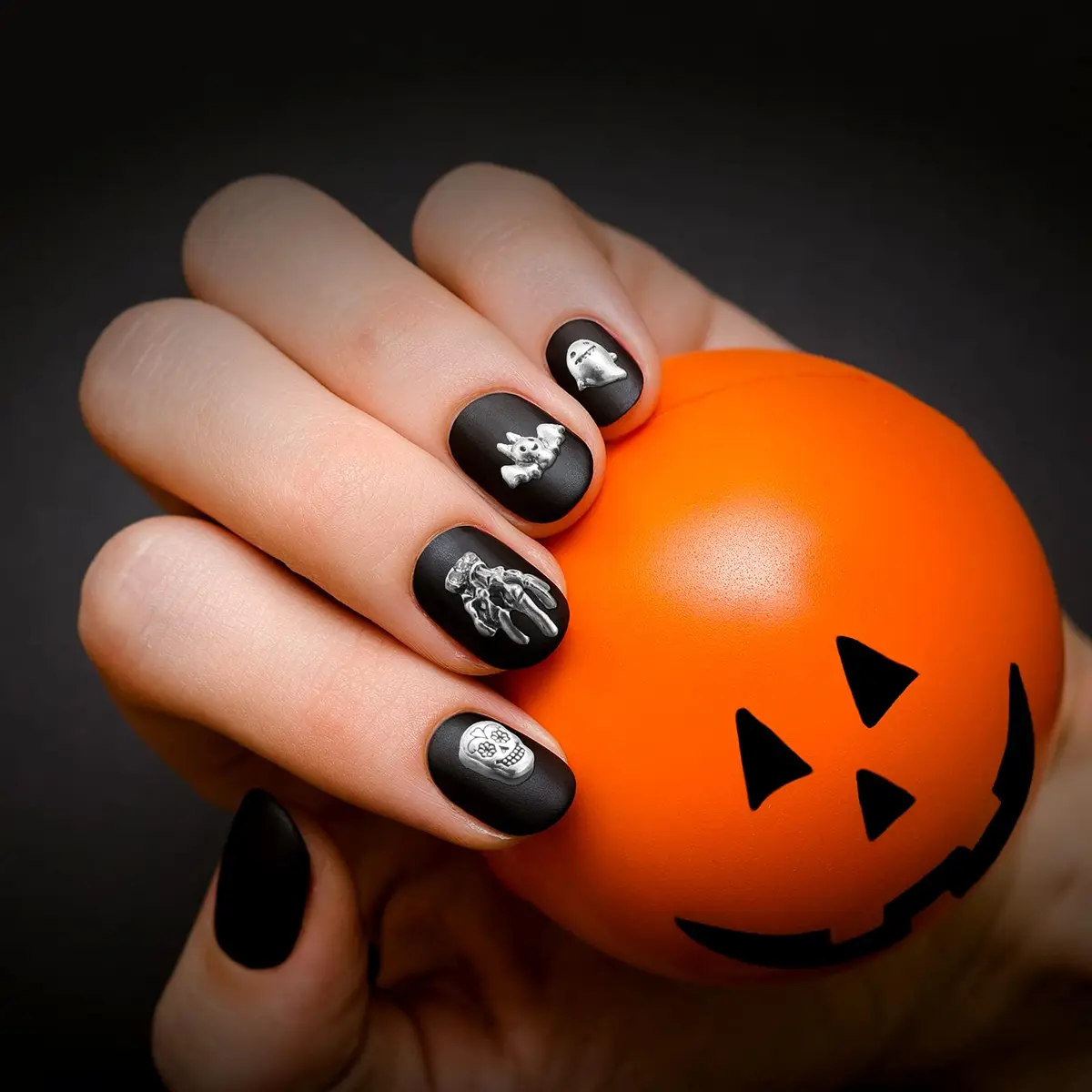 Leelosp 100 Pcs Halloween 3D Nail Charm, Retro Silver | Skull, Ghost, Bat, Skeleton Hands - view 2