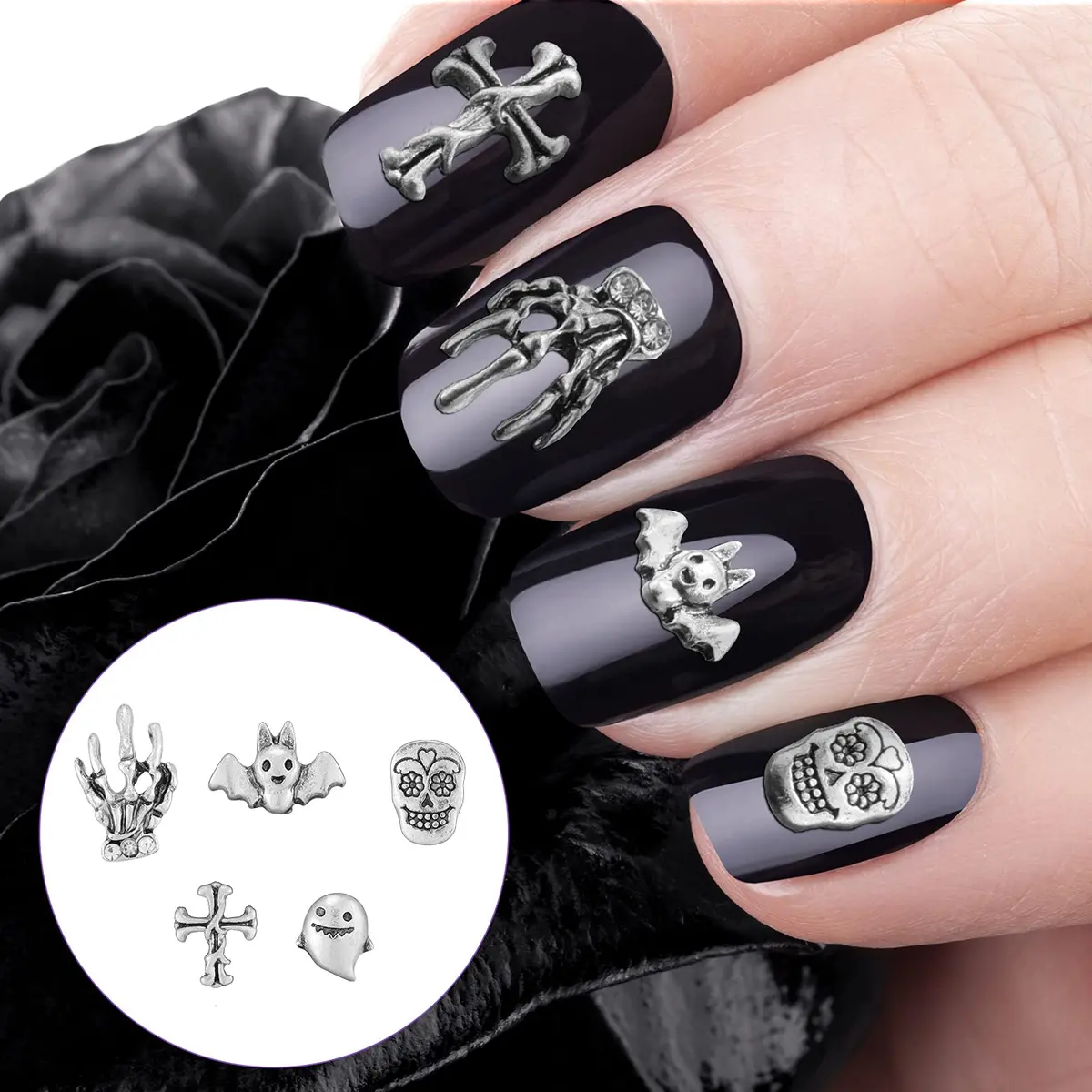 Leelosp 100 Pcs Halloween 3D Nail Charm, Retro Silver | Skull, Ghost, Bat, Skeleton Hands - view 3
