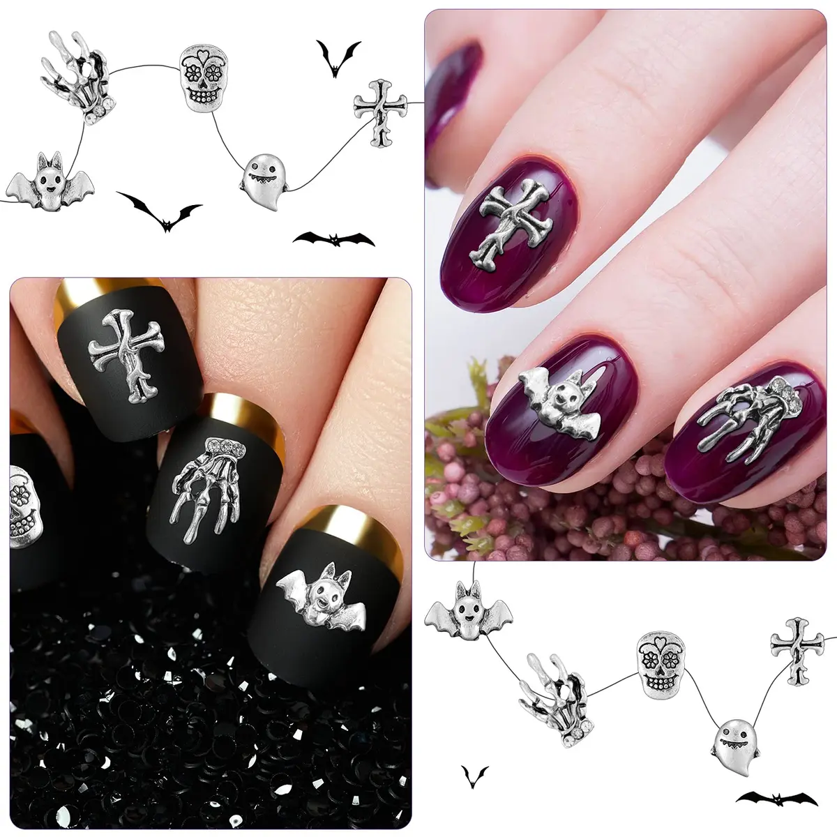Leelosp 100 Pcs Halloween 3D Nail Charm, Retro Silver | Skull, Ghost, Bat, Skeleton Hands - view 4