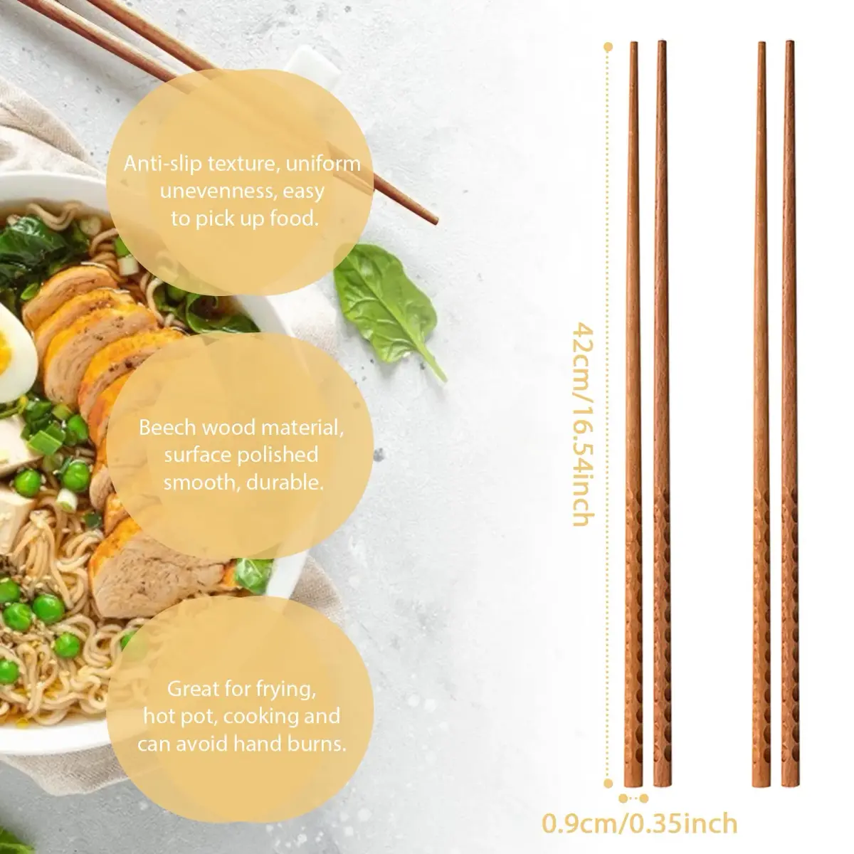Rockhouse Beech Wood Cooking Chopsticks 42cm (16.5") | Anti-Slip Texture for Frying & Hotpot - view 5
