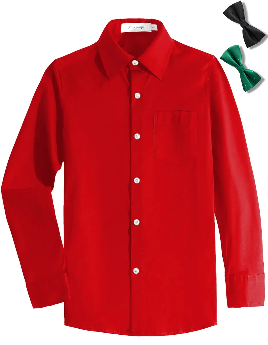 Aimehonpe Kids Boys Button Down Dress Shirt Long Sleeve Poplin Red 5-6 Years | Breathable Cotton with Bow Tie - main product image