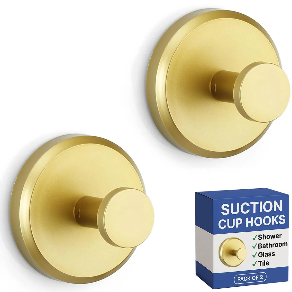 HOME SO Suction Cup Hooks for Shower & Bathroom Towel Holder 2-Pack Brushed Gold | Heavy Duty Vacuum Grip for Tile & Glass - main product image