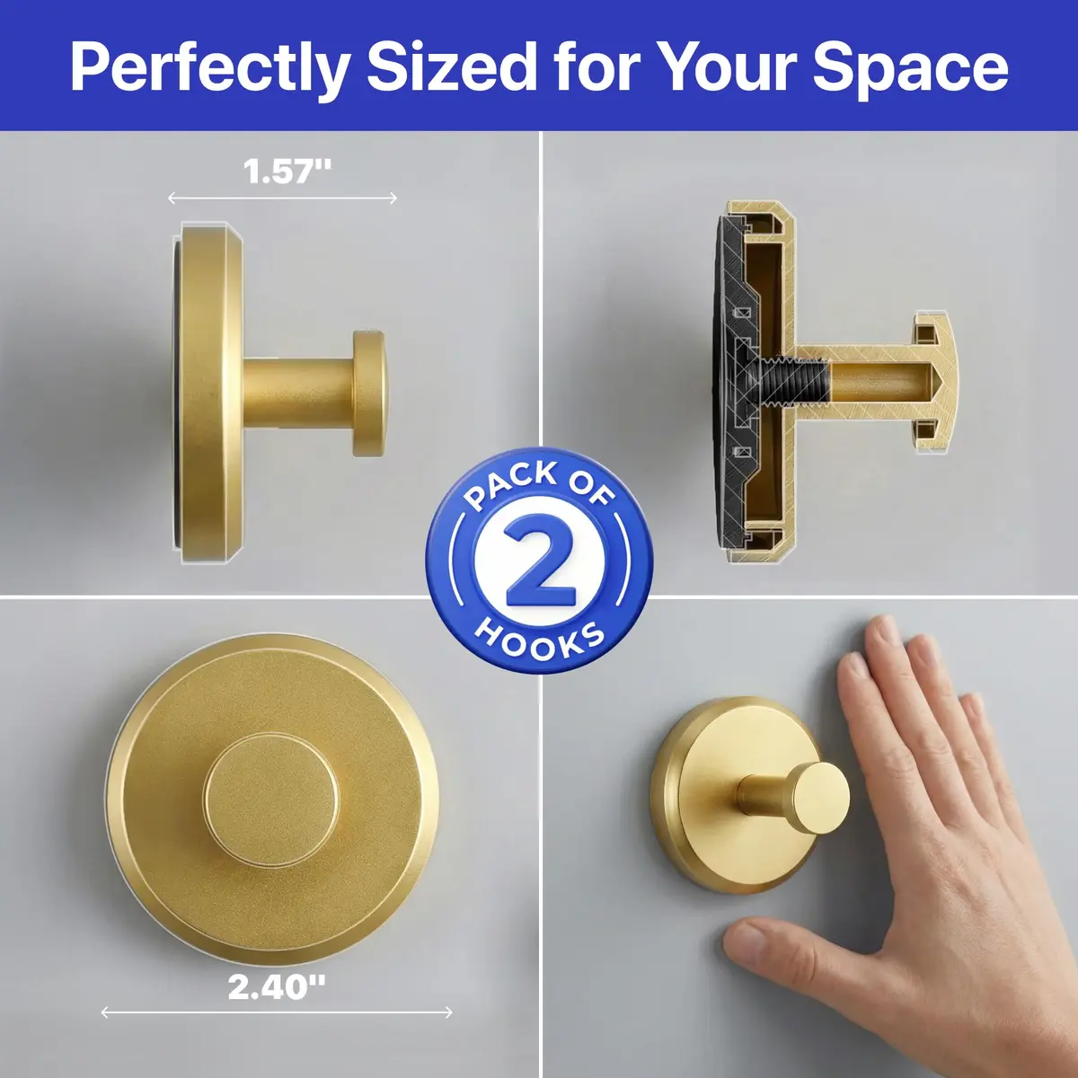 HOME SO Suction Cup Hooks for Shower & Bathroom Towel Holder 2-Pack Brushed Gold | Heavy Duty Vacuum Grip for Tile & Glass - view 8