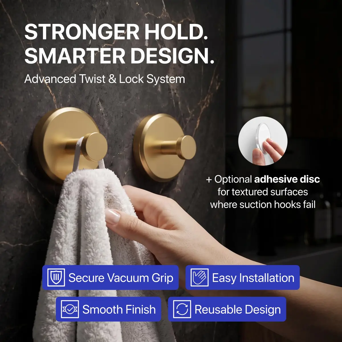 HOME SO Suction Cup Hooks for Shower & Bathroom Towel Holder 2-Pack Brushed Gold | Heavy Duty Vacuum Grip for Tile & Glass - view 2