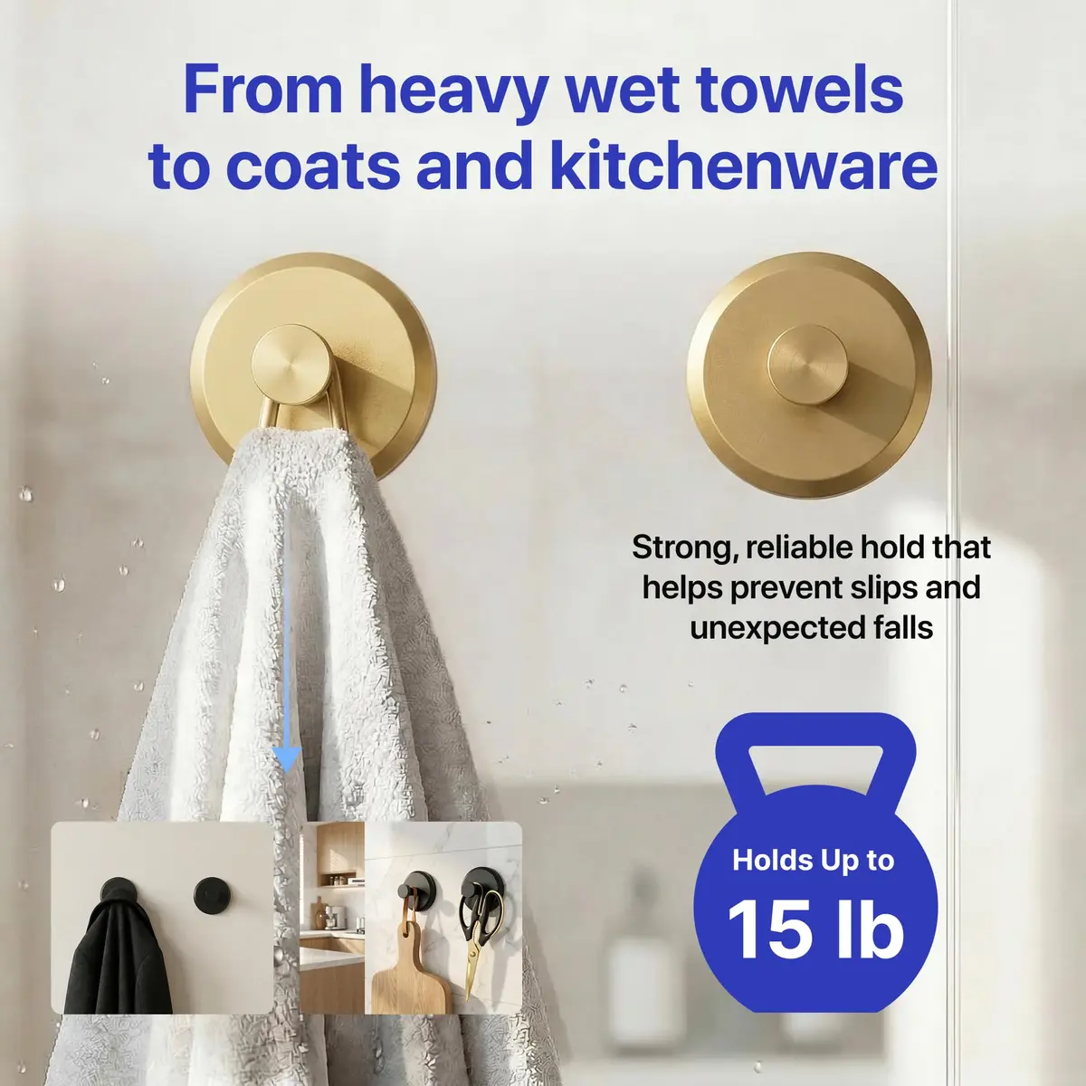 HOME SO Suction Cup Hooks for Shower & Bathroom Towel Holder 2-Pack Brushed Gold | Heavy Duty Vacuum Grip for Tile & Glass - view 4