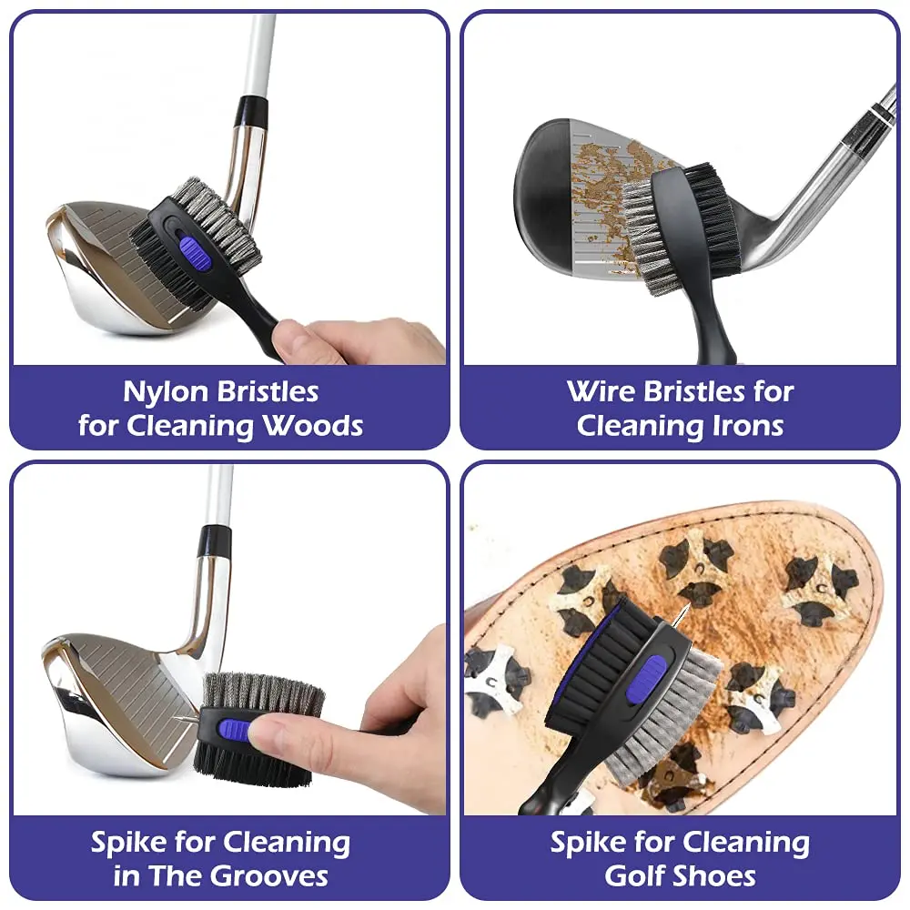 THIODOON Golf Club Brush and Groove Cleaner 2 Pack with 2 ft Retractable Zipline Carabiner, Oversized Brush Head, Black & Blue - view 4