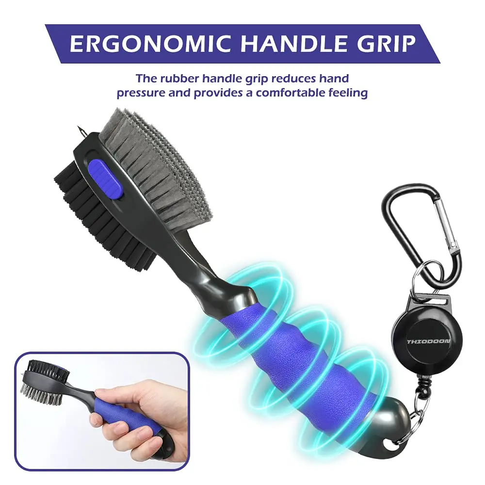 THIODOON Golf Club Brush and Groove Cleaner 2 Pack with 2 ft Retractable Zipline Carabiner, Oversized Brush Head, Black & Blue - view 5