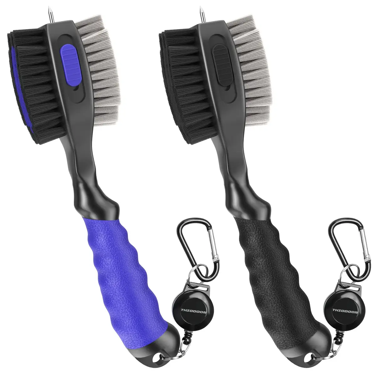 THIODOON Golf Club Brush and Groove Cleaner 2 Pack with 2 ft Retractable Zipline Carabiner, Oversized Brush Head, Black & Blue - main product image