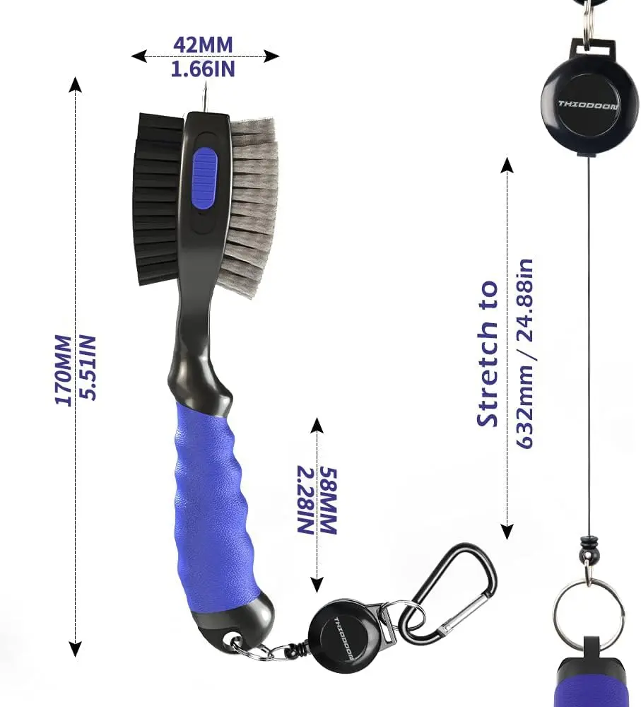 THIODOON Golf Club Brush and Groove Cleaner 2 Pack with 2 ft Retractable Zipline Carabiner, Oversized Brush Head, Black & Blue - view 2