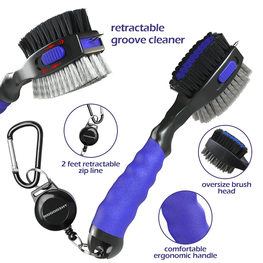 THIODOON Golf Club Brush and Groove Cleaner 2 Pack with 2 ft Retractable Zipline Carabiner, Oversized Brush Head, Black & Blue - view 3