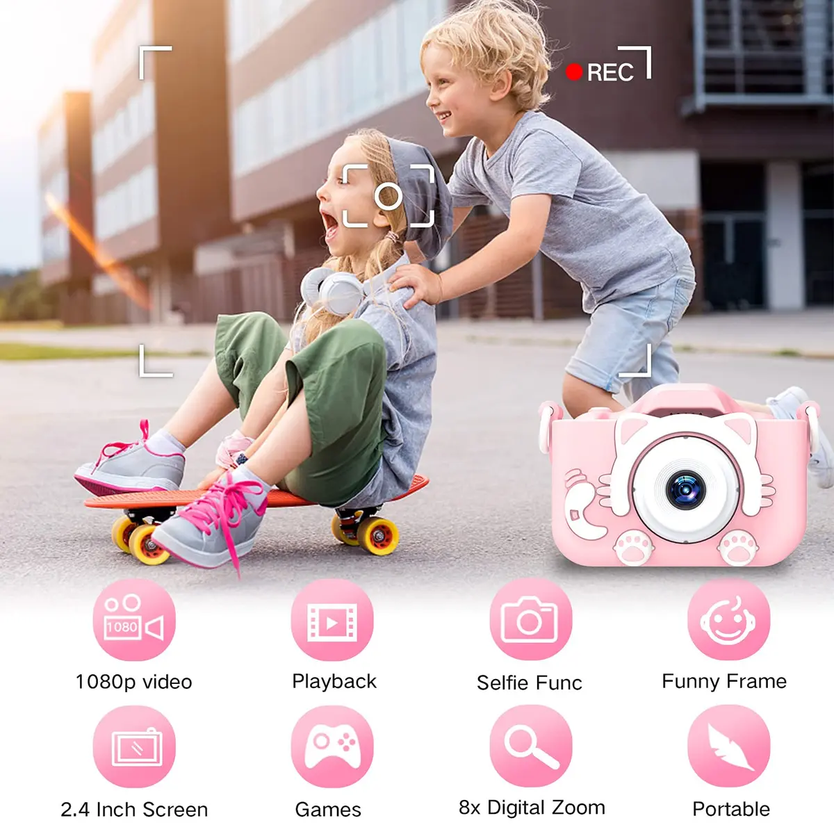 Goopow Kids Digital Camera Pink-Cat | 1080P HD Video, 8X Digital Zoom, 32GB SD Card Included - view 3