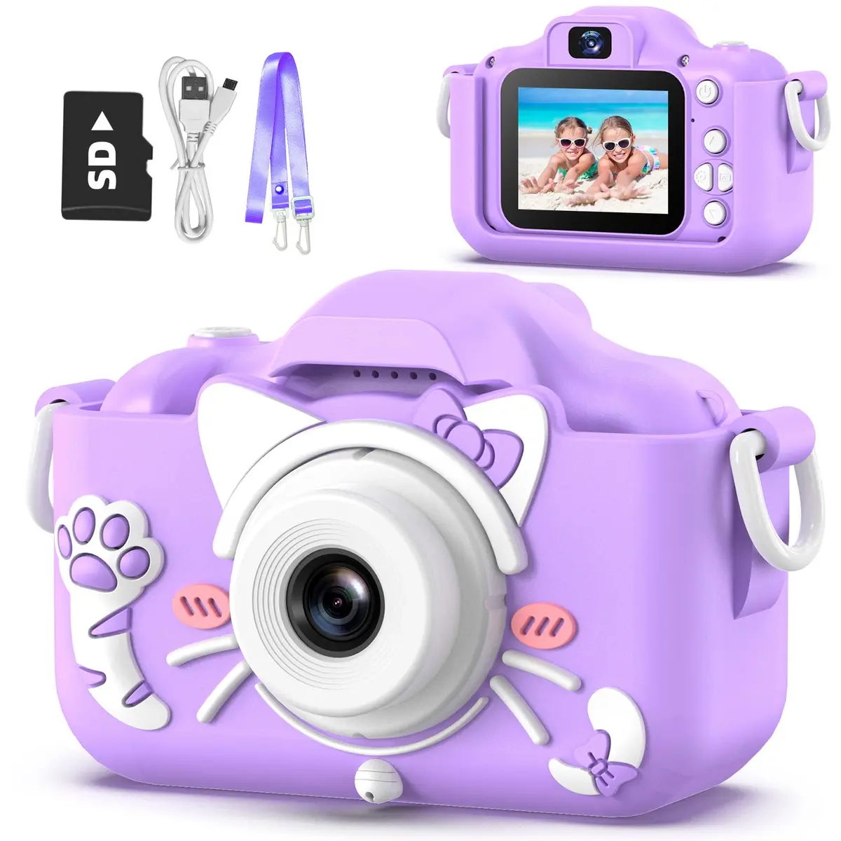 Goopow Kids Digital Camera Purple-Cat | 12MP (1440x1080) HD Video, 8x Digital Zoom, 2" LCD Screen, 32GB Card Included - main product image
