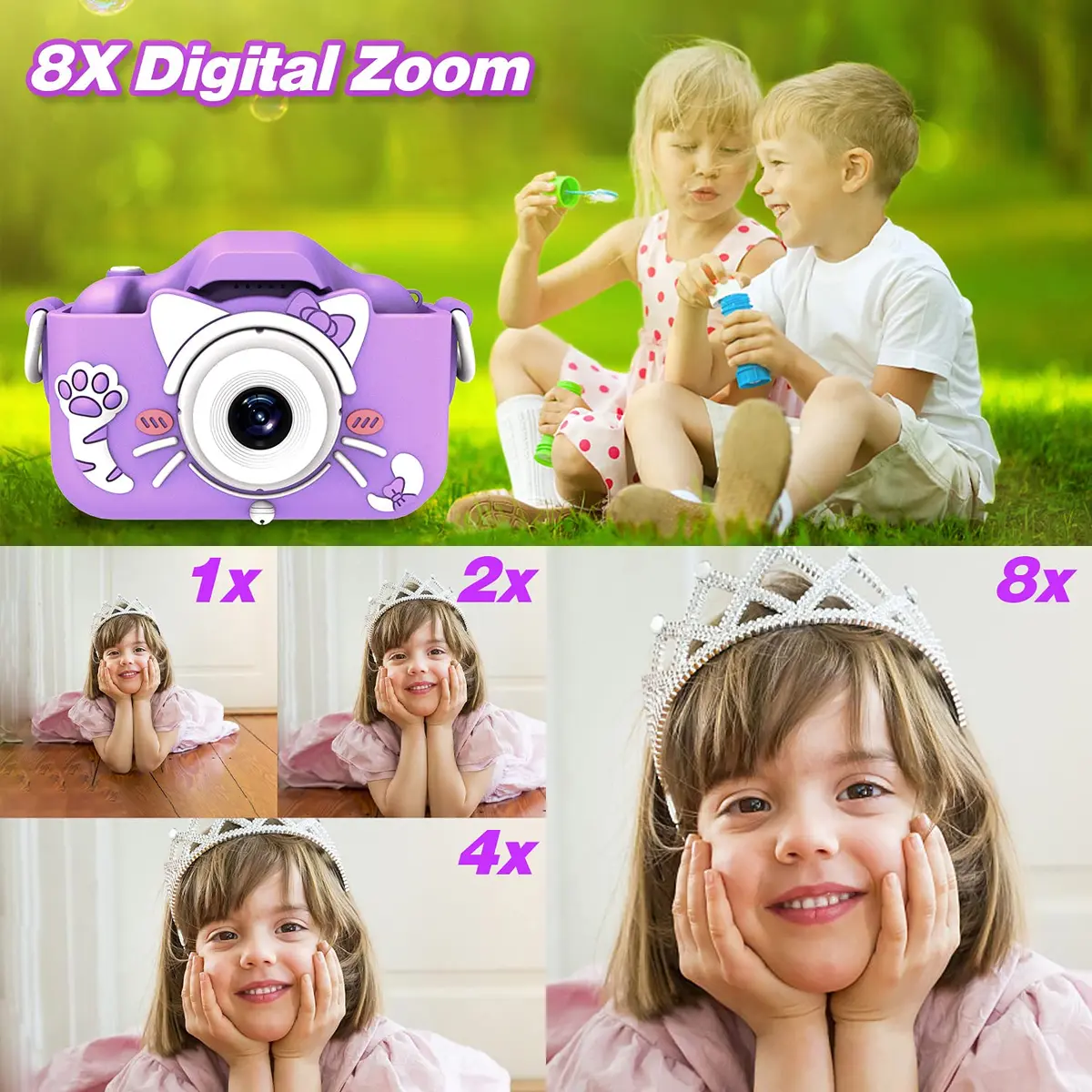 Goopow Kids Digital Camera Purple-Cat | 12MP (1440x1080) HD Video, 8x Digital Zoom, 2" LCD Screen, 32GB Card Included - view 7