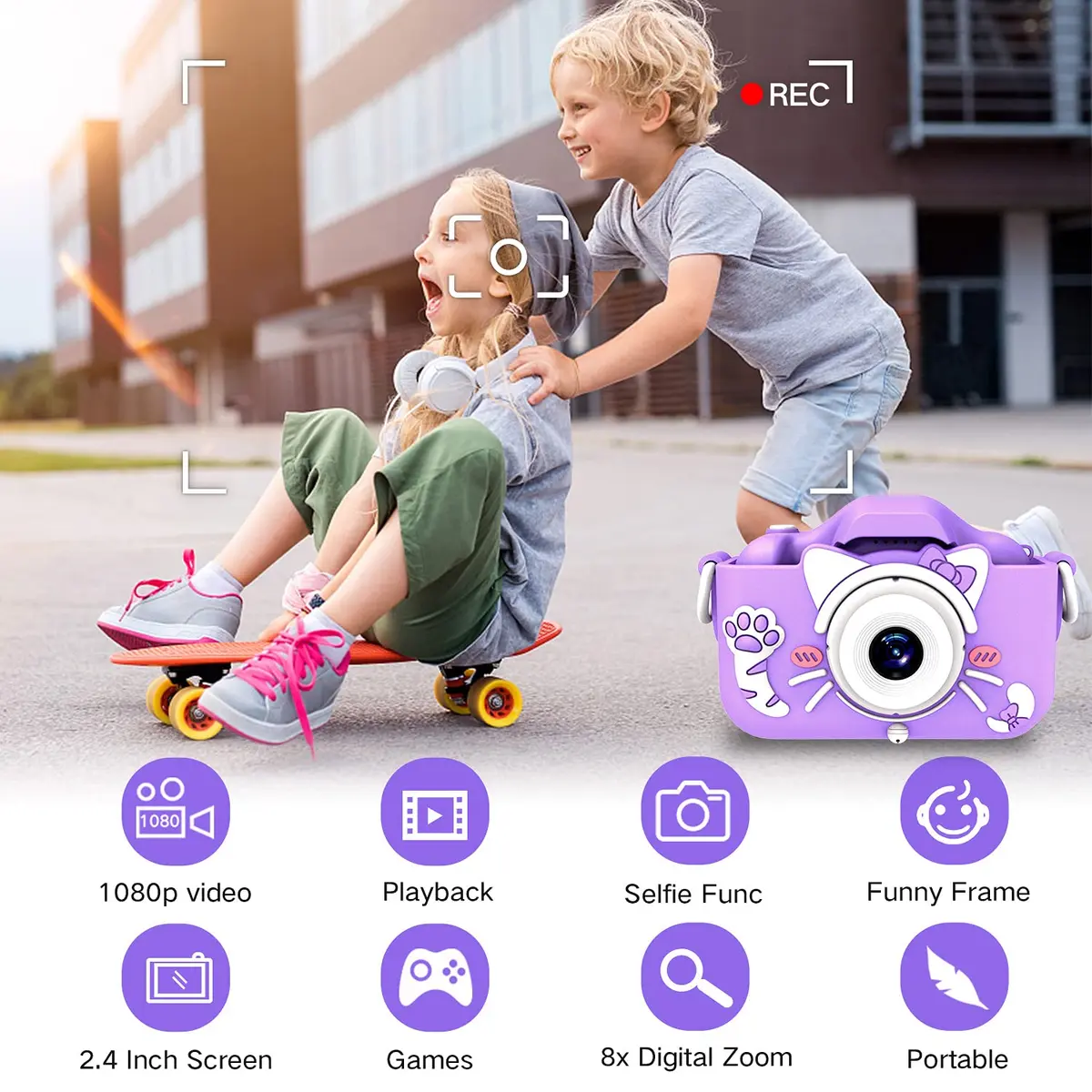 Goopow Kids Digital Camera Purple-Cat | 12MP (1440x1080) HD Video, 8x Digital Zoom, 2" LCD Screen, 32GB Card Included - view 3