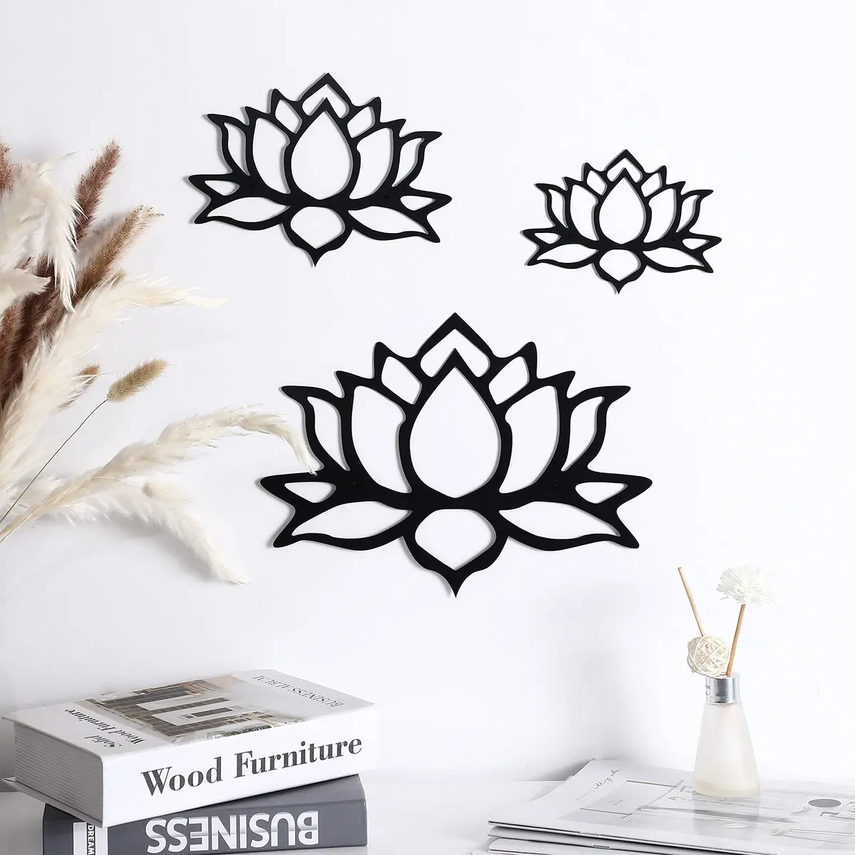 Ferraycle Black Metal Lotus Flower Wall Decor Set | 30 cm (11.8 inch) Diameter - main product image