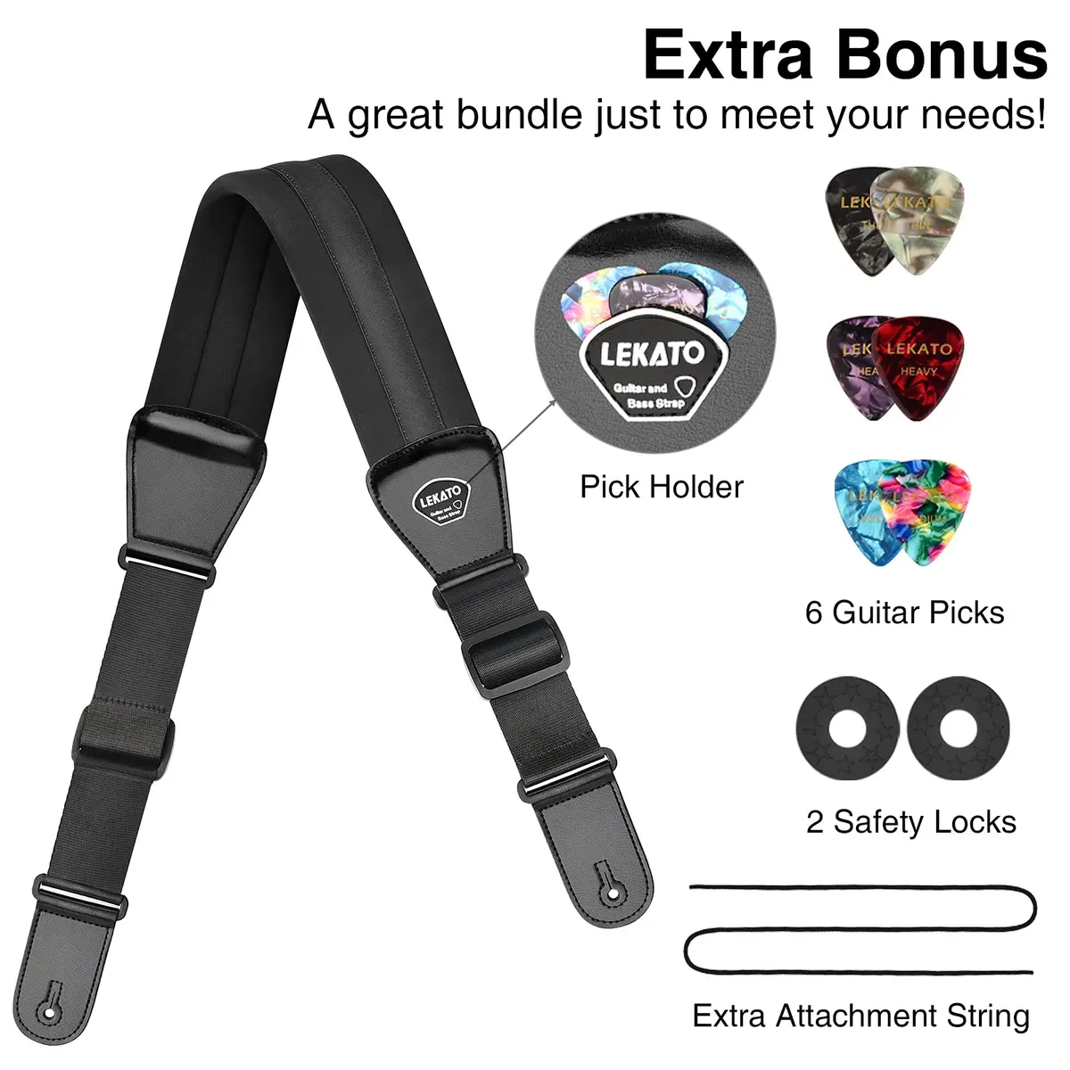 LEKATO 3" Wide Memory Foam Bass Guitar Strap 127-155cm (50"-61") | Padded, Adjustable, Pick Holder & Strap Locks - view 8