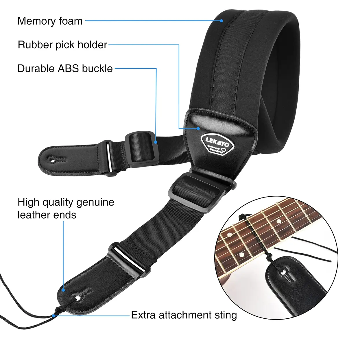 LEKATO 3" Wide Memory Foam Bass Guitar Strap 127-155cm (50"-61") | Padded, Adjustable, Pick Holder & Strap Locks - view 2