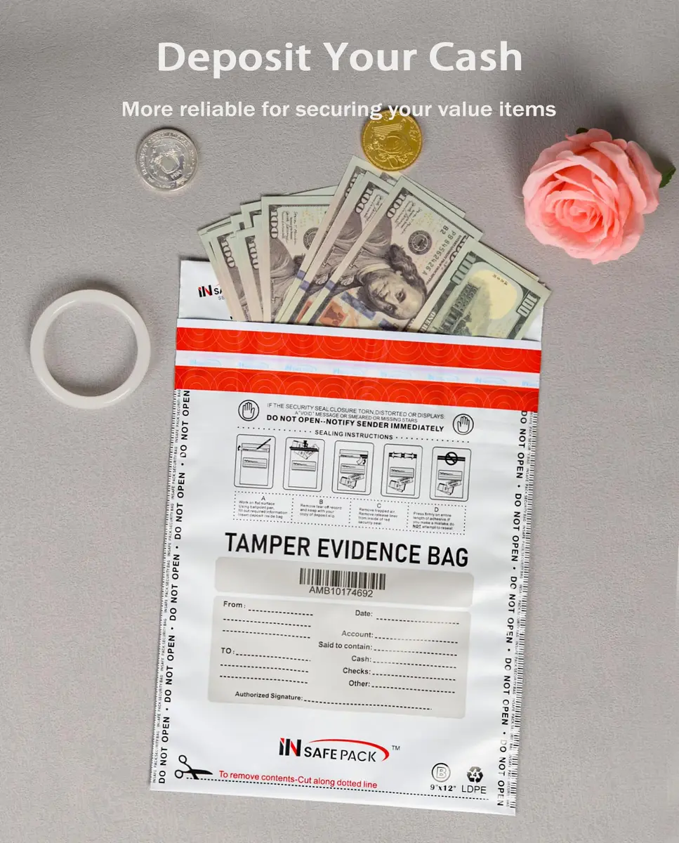 IN SAFE PACK 9"x12" Tamper Evident Deposit Bags (100 Count) | High Security Self-Seal Plastic Bags - view 3