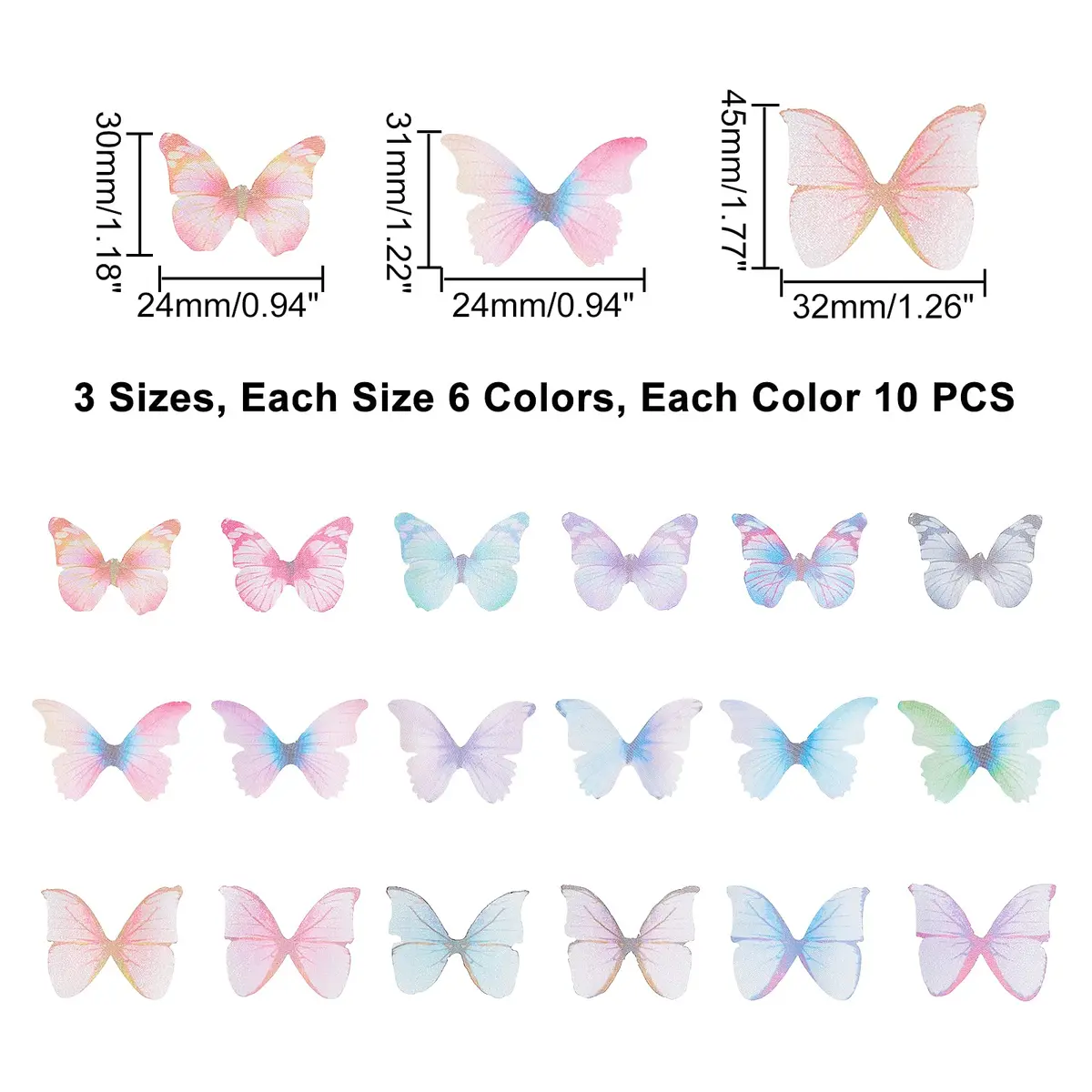 SUNNYCLUE 180pcs Fabric Butterfly Decorations 3D Organza Butterfly Wings 24-32mm | DIY Jewelry Crafts Hair Clip Decoration - view 2