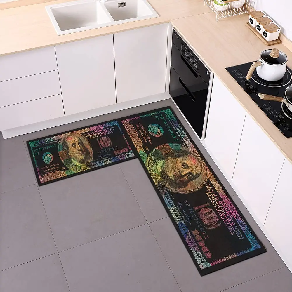 GUBIYU Black Bathroom Rug Set of 2 | Money Dollar Bill Pattern, Water Absorption, Non-Slip Rubber Backing (45x75cm+45x150cm) - view 8