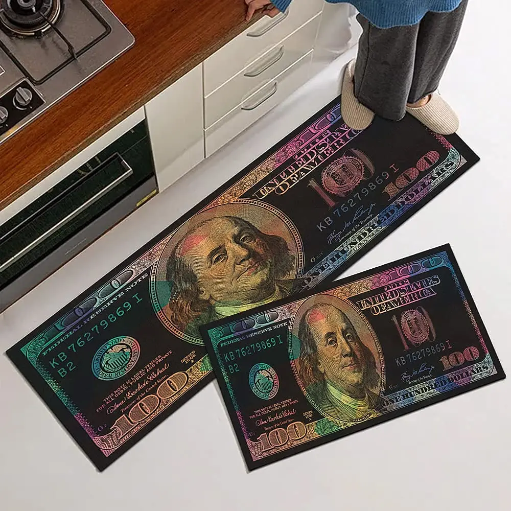 GUBIYU Black Bathroom Rug Set of 2 | Money Dollar Bill Pattern, Water Absorption, Non-Slip Rubber Backing (45x75cm+45x150cm) - view 3