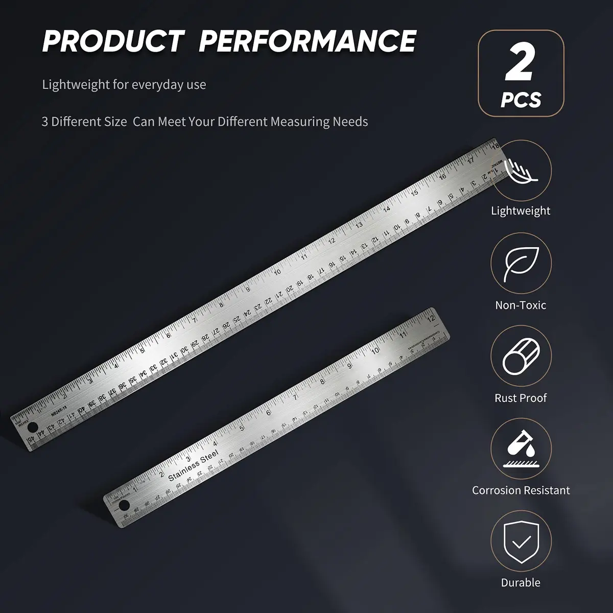 Frienda 2 Pcs Metal Ruler Cork Backed 30cm (12 Inch) & 45cm (18 Inch) | Non-Slip Straight Edge for Precise Measuring - view 2