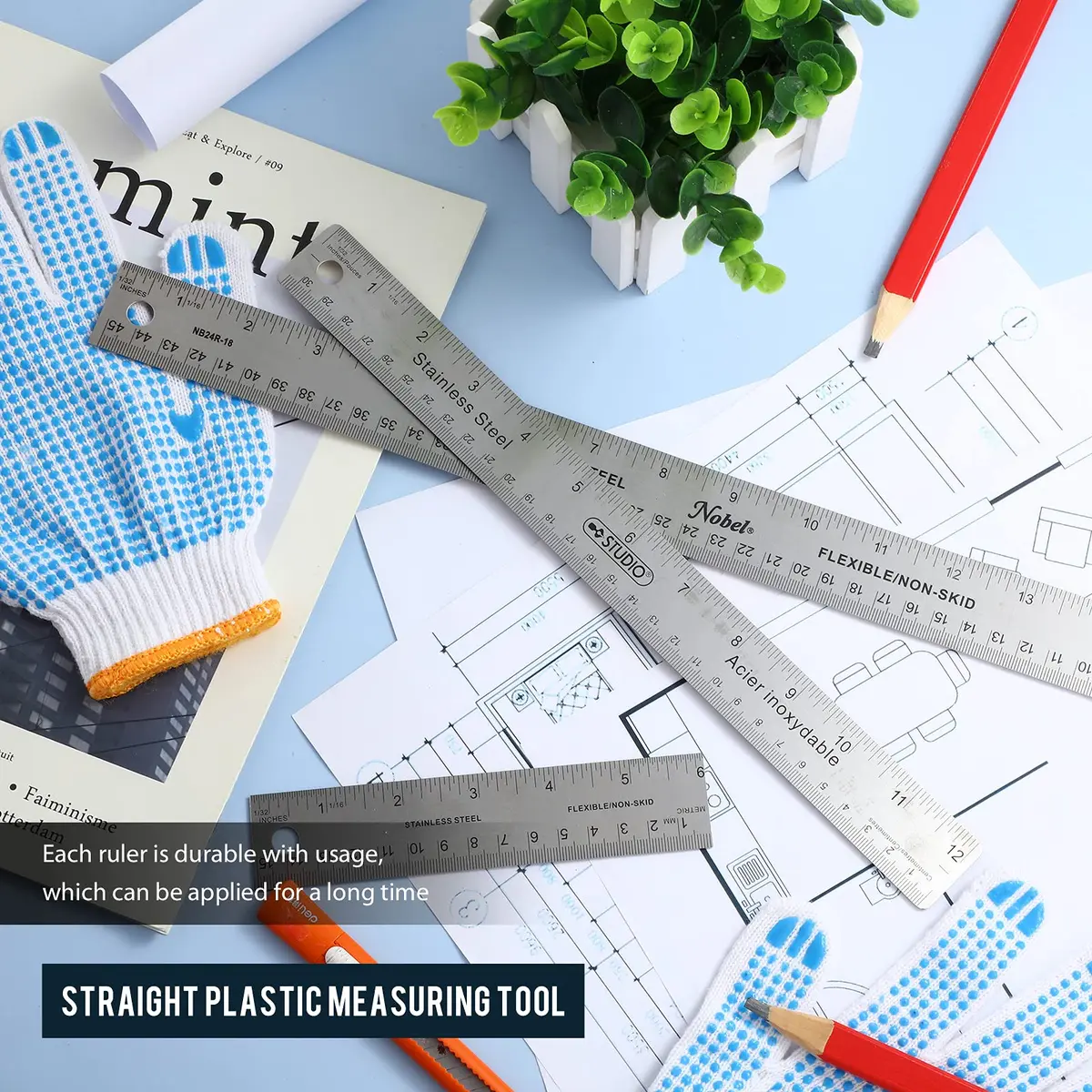Frienda Metal Ruler with Cork Backing 15cm (6 Inch) & 30cm (12 Inch) | Non-Slip Straight Edge for Precise Measuring - view 7
