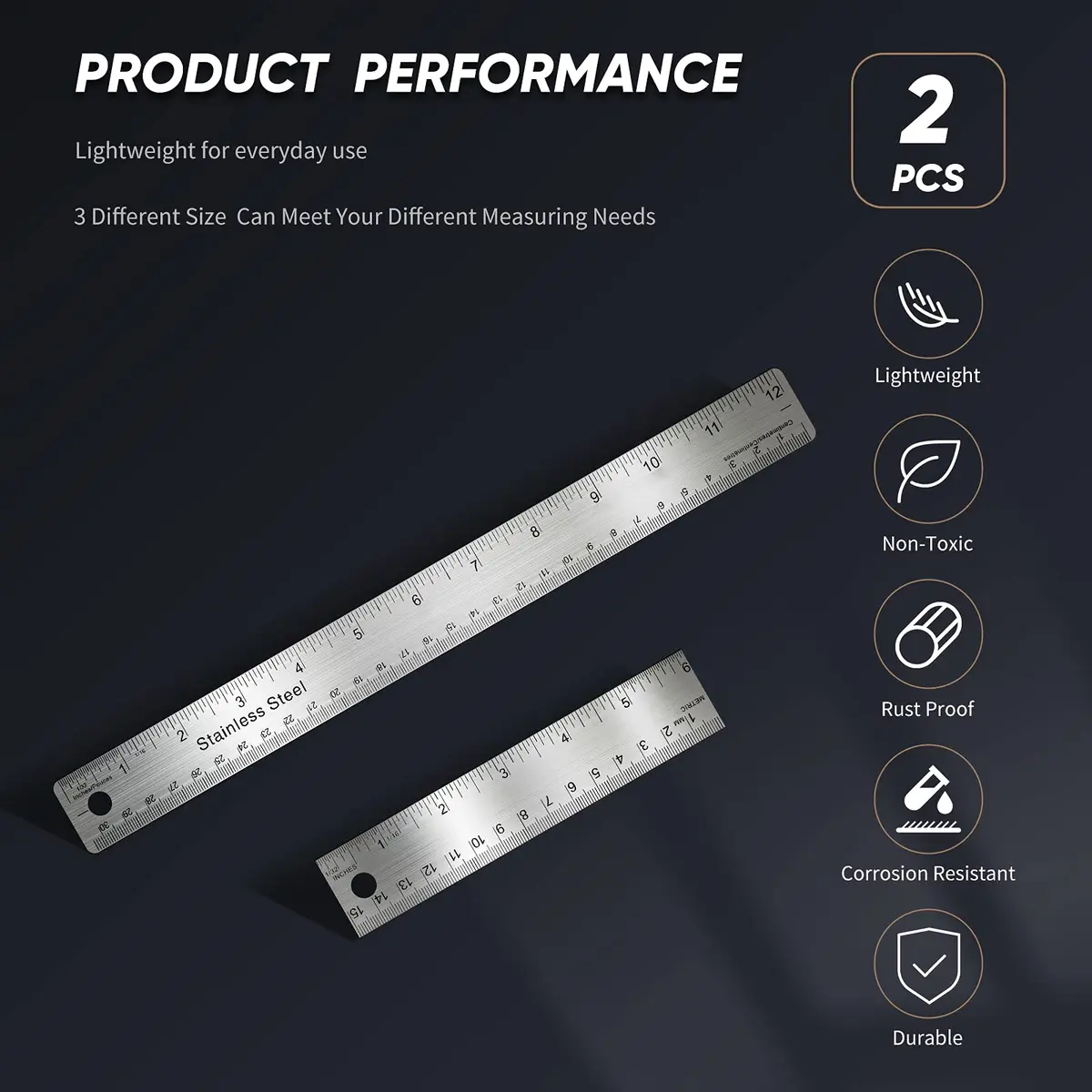Frienda Metal Ruler with Cork Backing 15cm (6 Inch) & 30cm (12 Inch) | Non-Slip Straight Edge for Precise Measuring - view 2