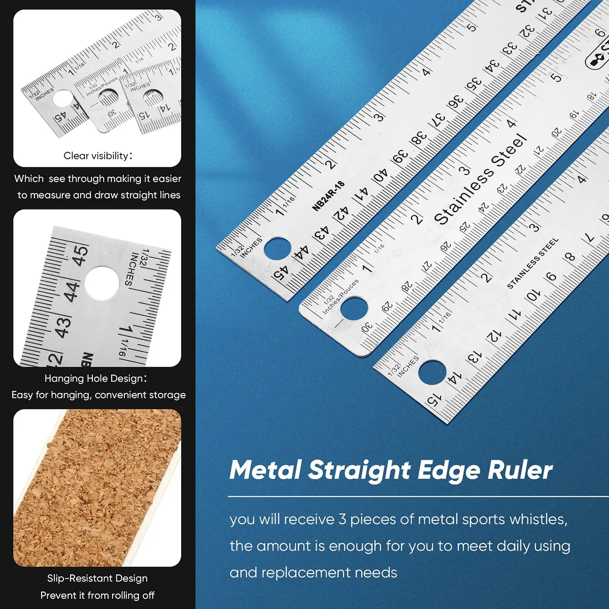 Frienda Metal Ruler with Cork Backing 15cm (6 Inch) & 30cm (12 Inch) | Non-Slip Straight Edge for Precise Measuring - view 4
