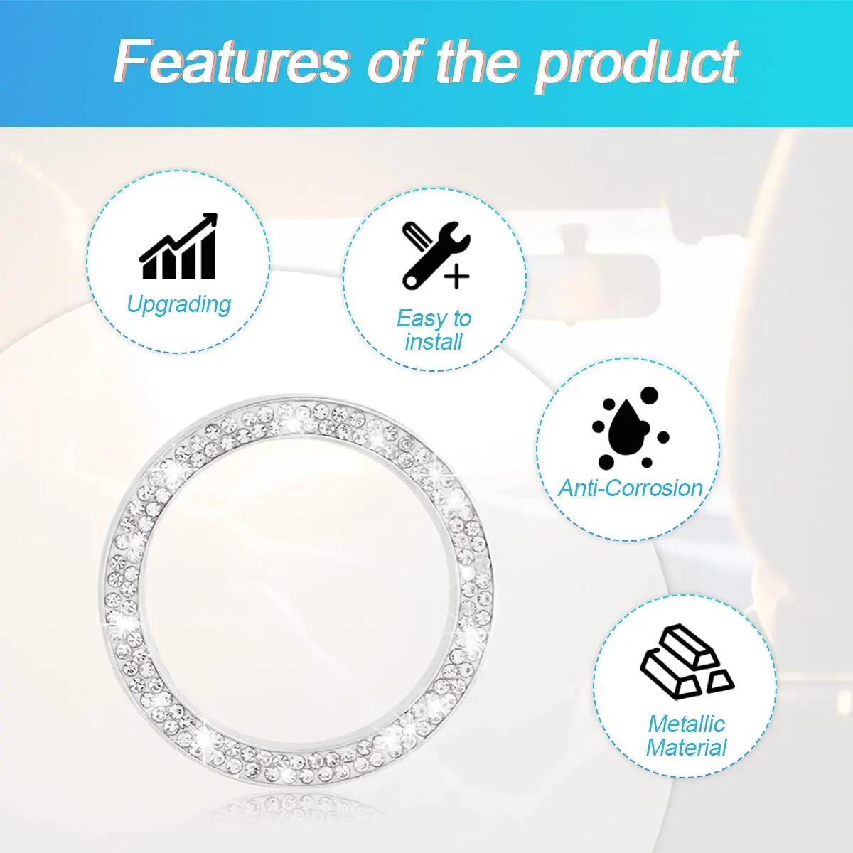 AUKEPO Car Start Button Ring Stickers, Double Silver | Sparkling Interior Decor, Universal Fit - view 2