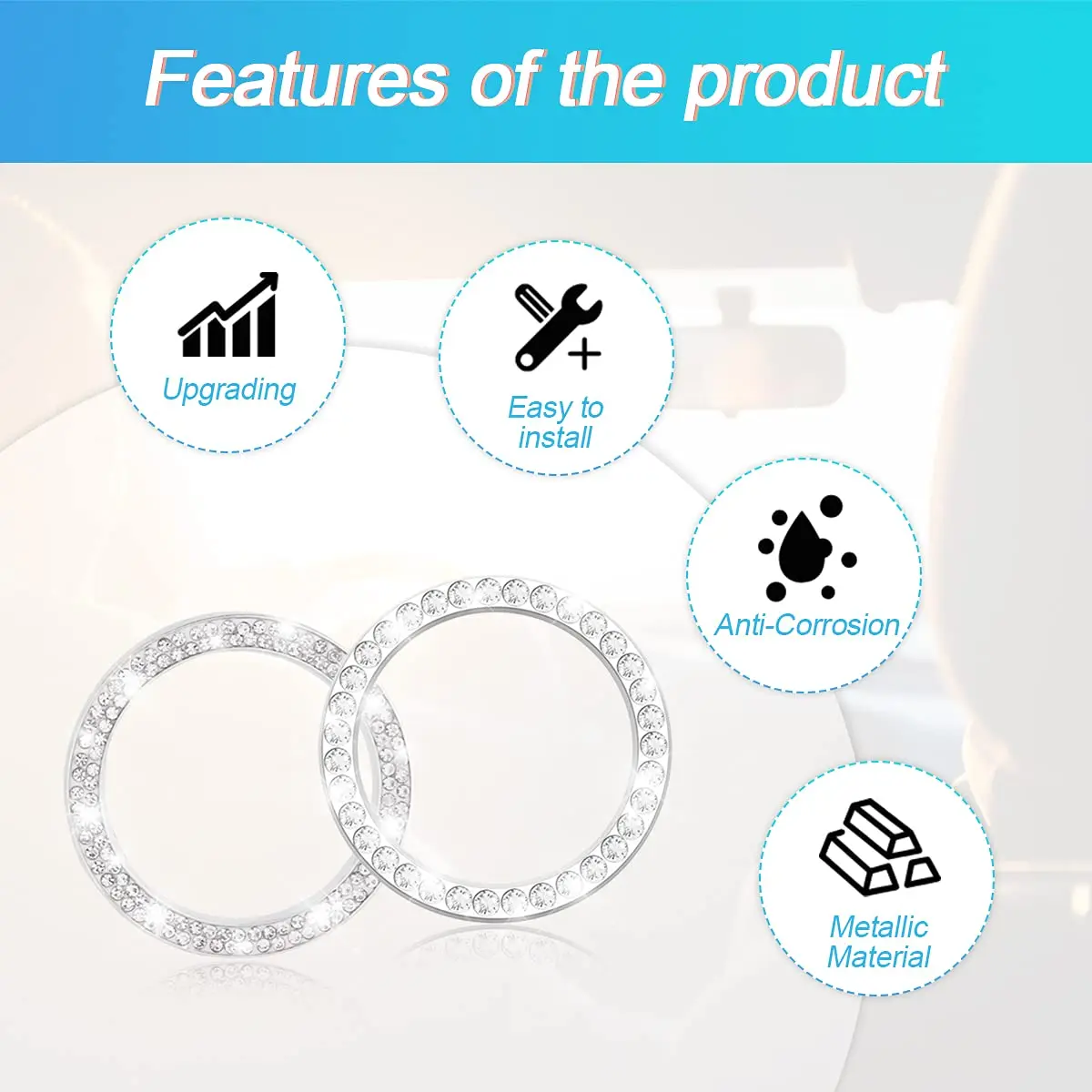 AUKEPO Silver Crystal Rhinestone Push Start Button Ring Sticker | 3.8 cm (1.5 inch) Diameter - view 3