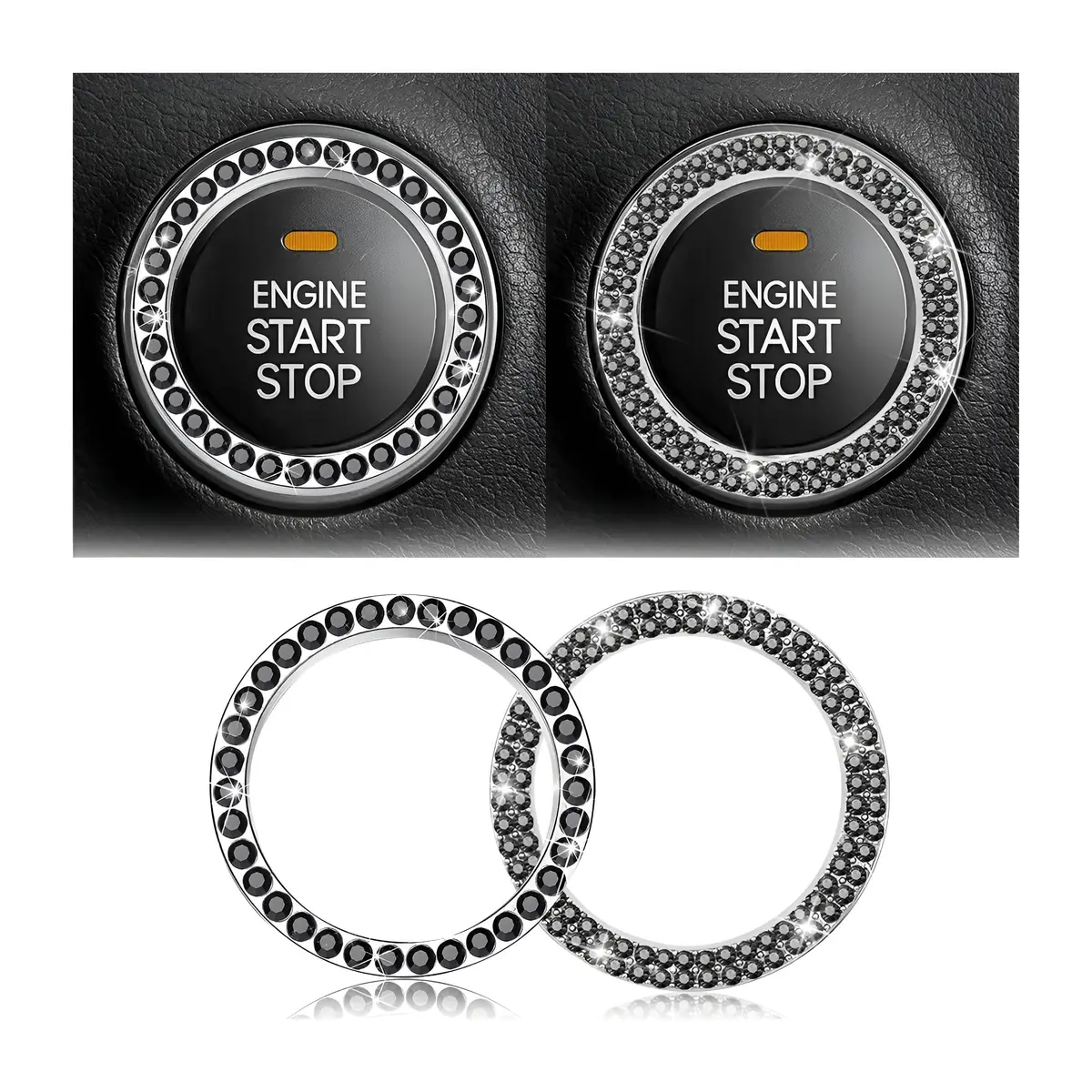 AUKEPO 2PCS Car Start Button Ring Stickers, Set Black | Bling Crystal Rhinestone Ignition Knob Trim - main product image