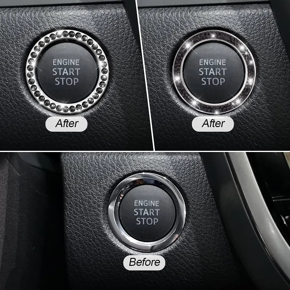 AUKEPO 2PCS Car Start Button Ring Stickers, Set Black | Bling Crystal Rhinestone Ignition Knob Trim - view 5