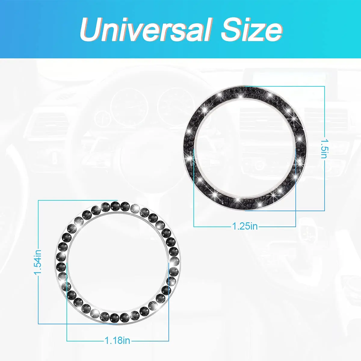AUKEPO 2PCS Car Start Button Ring Stickers, Set Black | Bling Crystal Rhinestone Ignition Knob Trim - view 2