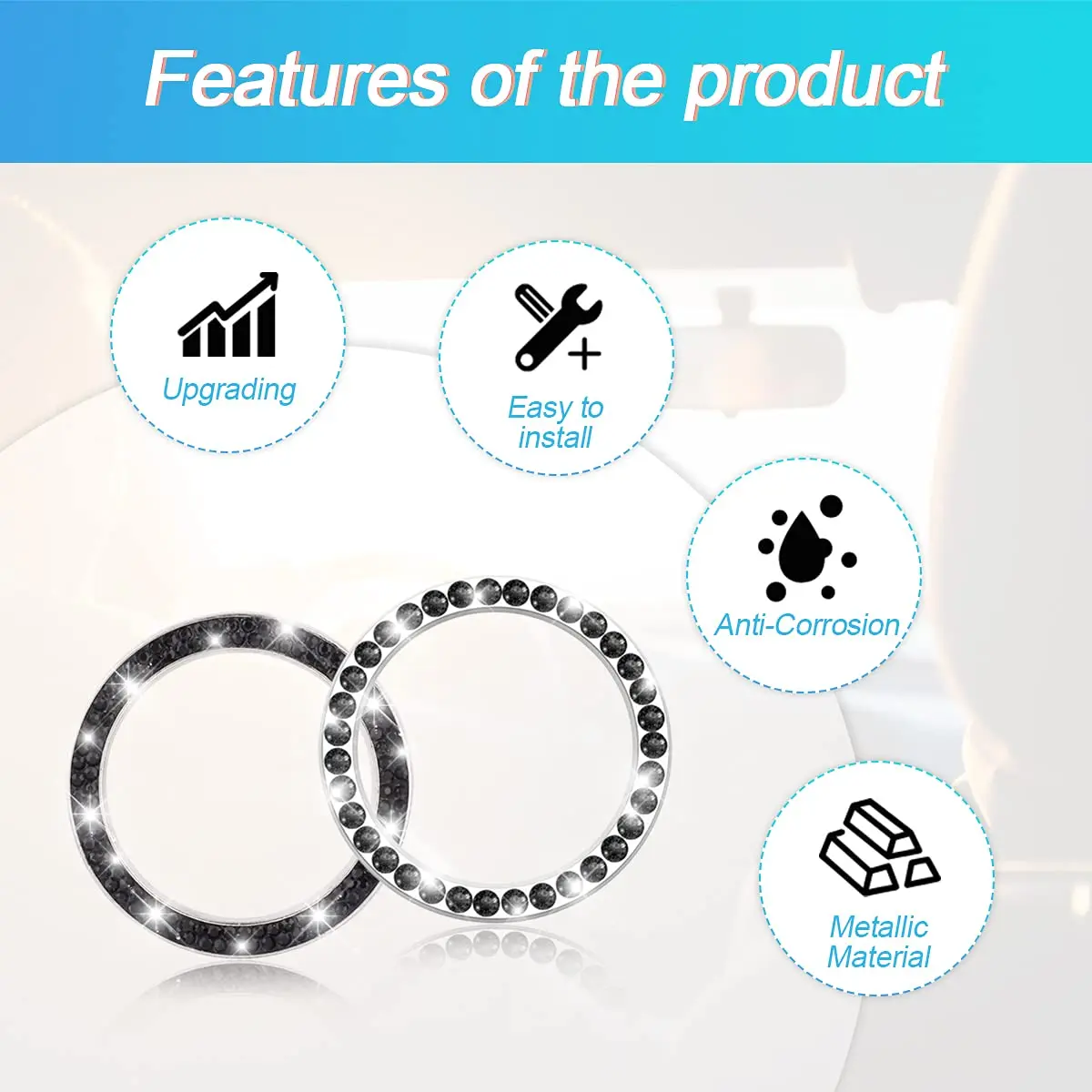 AUKEPO 2PCS Car Start Button Ring Stickers, Set Black | Bling Crystal Rhinestone Ignition Knob Trim - view 3